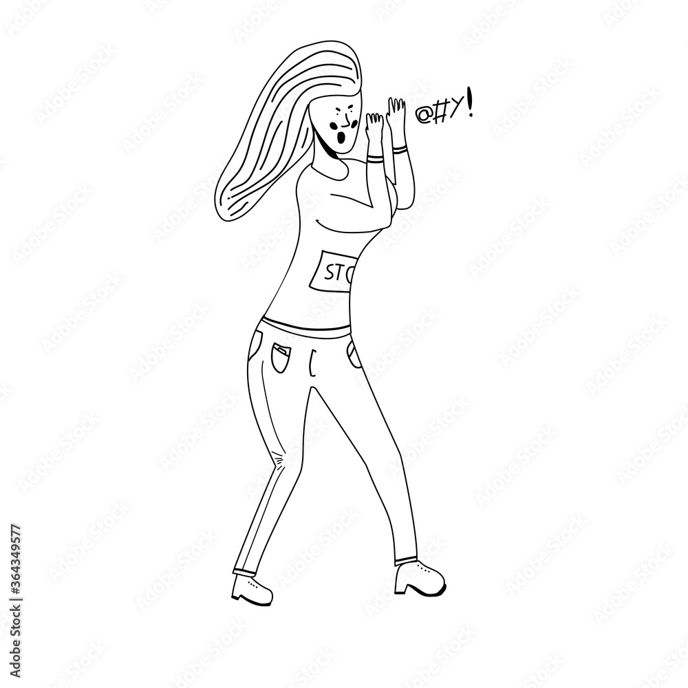 Character of female office worker, businesswoman, suite man, holding fists, celebrating, shouting, happy, excited, winning in success. Outline hand draw, sketch design, simple style.