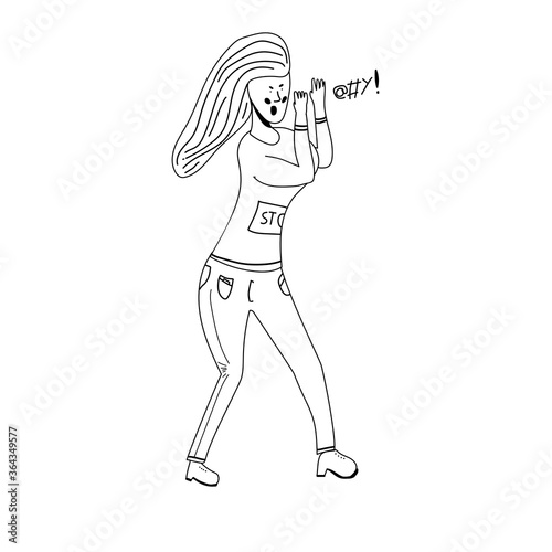 Character of female office worker  businesswoman  suite man  holding fists  celebrating  shouting  happy  excited  winning in success. Outline hand draw  sketch design  simple style.