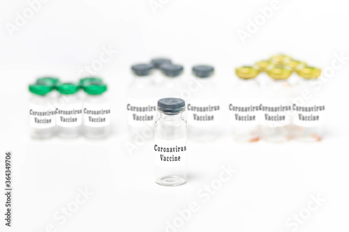 Empty medical vials with caps for Coronavirus Vaccine, Covid 19. Sample, background, isolated on white background