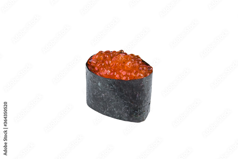 Japanese Gunkan Sushi with salmon caviar. Red caviar and rice wrapped in nori seaweed. Side view of Pan Asian dish Gunkan Maki isolated on white background. Copy space. Background image.
Japanese Gunkan Sushi with salmon caviar. Red caviar and rice wrapped in nori seaweed. Side view of Pan Asian dish Gunkan Maki isolated on white background. Copy space. Background image.