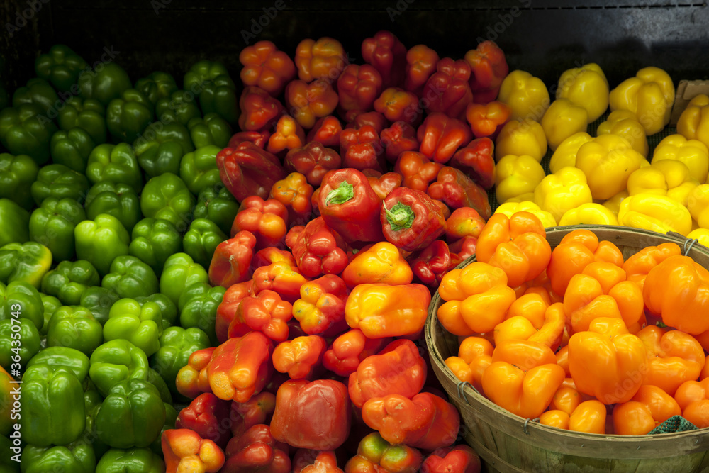 Variety of bell peppers on display for sale in market Variety of bell peppers on display for sale in market
