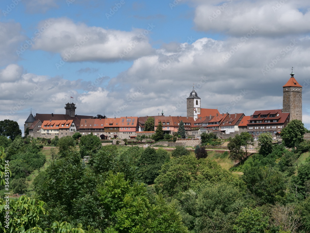 scenic view of village of Waldenburg with castle and medieval towers