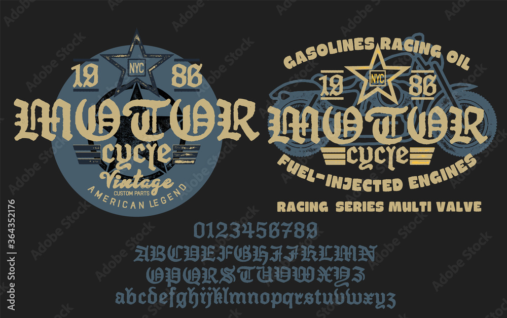 Motorcycle club community logo design.Decorative  font. Letters, Numbers and Symbols.