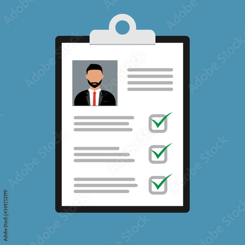 Clipboard with resume and man silhouette icon. Interview concept in a flat style. Vector illustration