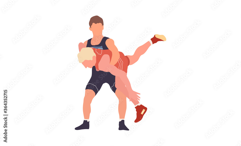 Wrestling flat isolated illustration. Two young fighters 
