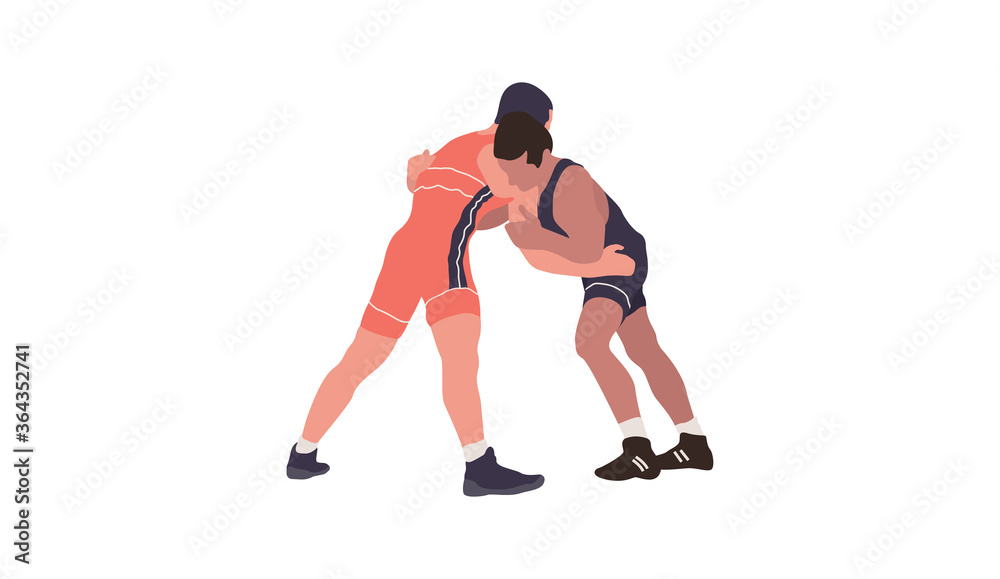 Wrestling flat isolated illustration. Two young fighters 