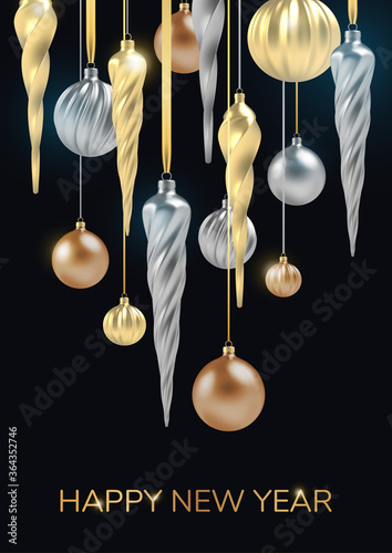 Happy New Year background with realistic Christmas ball of gold and silver, a spiral icicles on a black vertical background. Vector 