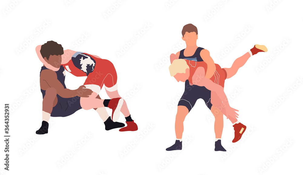 Wrestling flat isolated illustration. Young fighters set