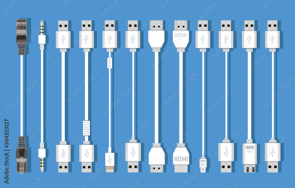 Different types of universal computer cable connectors, cables Type-A, Type- B, Mini-USB, USB Micro B, Micro-USB HDMI, Lightning, 30-pin USB,LAN wire  Stock ベクター | Adobe Stock