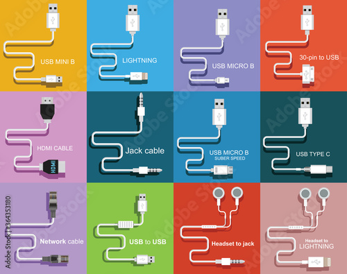 Different types of universal computer cable connectors, Headset, cables Type-A, Type-B, Mini-USB, USB Micro B, Micro-USB HDMI, 30-pin USB, Jack cable