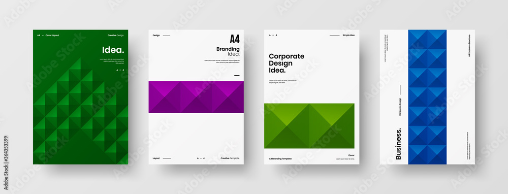 Naklejka premium Company identity brochure template collection. Business presentation vector A4 vertical orientation front page mock up set. Corporate report cover abstract geometric illustration design layout bundle.