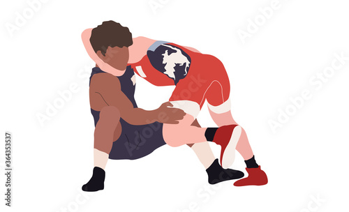 Wrestling flat isolated illustration. Two young fighters 