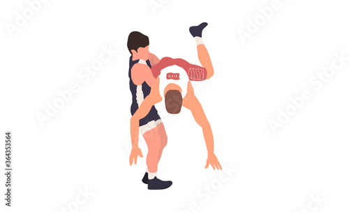 Wrestling flat isolated illustration. Two young fighters 