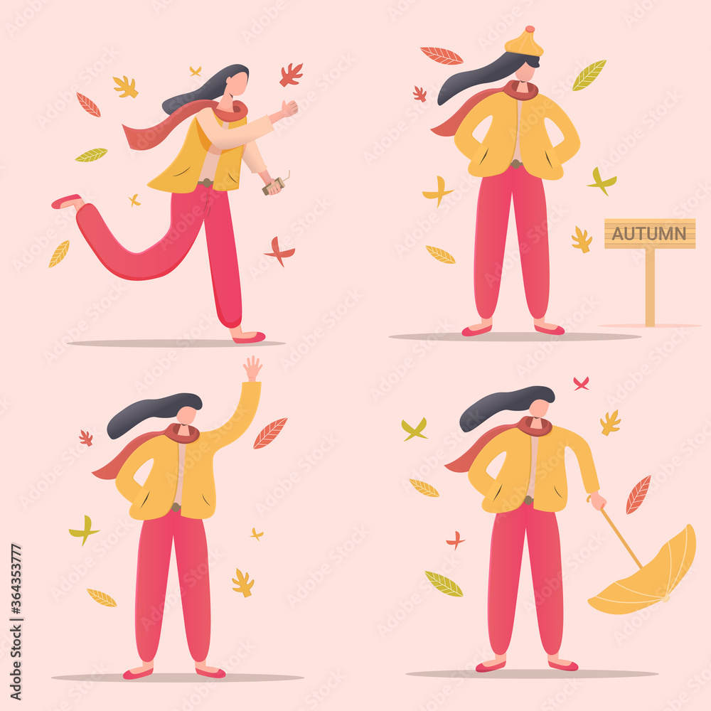 set of women's daily activities in autumn, happy autumn holidays, illustration flat design