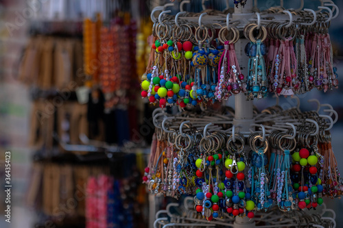 Many various colorful keychains. Keychain collection, Souvenir key rings with the symbols in the gift shop. Ioannina Epirus Greece © Antonios