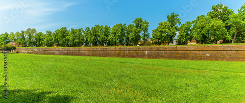 A panorama view towards the city walls of Lucca Italy in summer