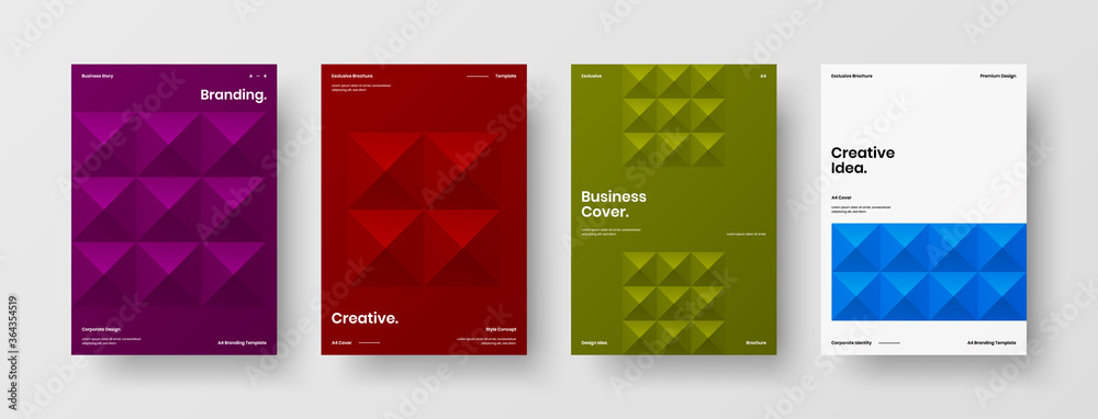 Company identity brochure template collection. Business presentation vector A4 vertical orientation front page mock up set. Corporate report cover abstract geometric illustration design layout bundle.