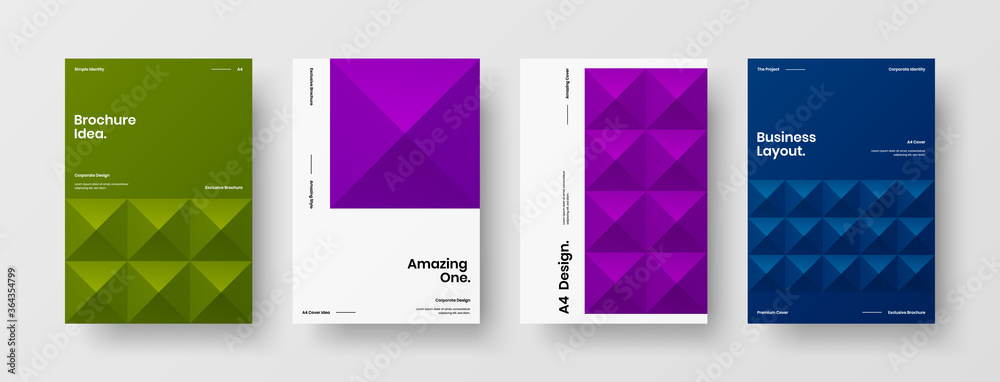 Company identity brochure template collection. Business presentation vector A4 vertical orientation front page mock up set. Corporate report cover abstract geometric illustration design layout bundle.