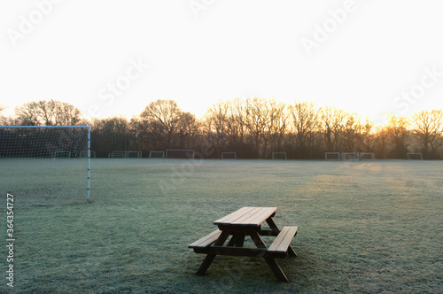 Empty soccer field sunset