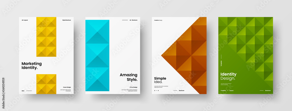 Naklejka premium Company identity brochure template collection. Business presentation vector A4 vertical orientation front page mock up set. Corporate report cover abstract geometric illustration design layout bundle.