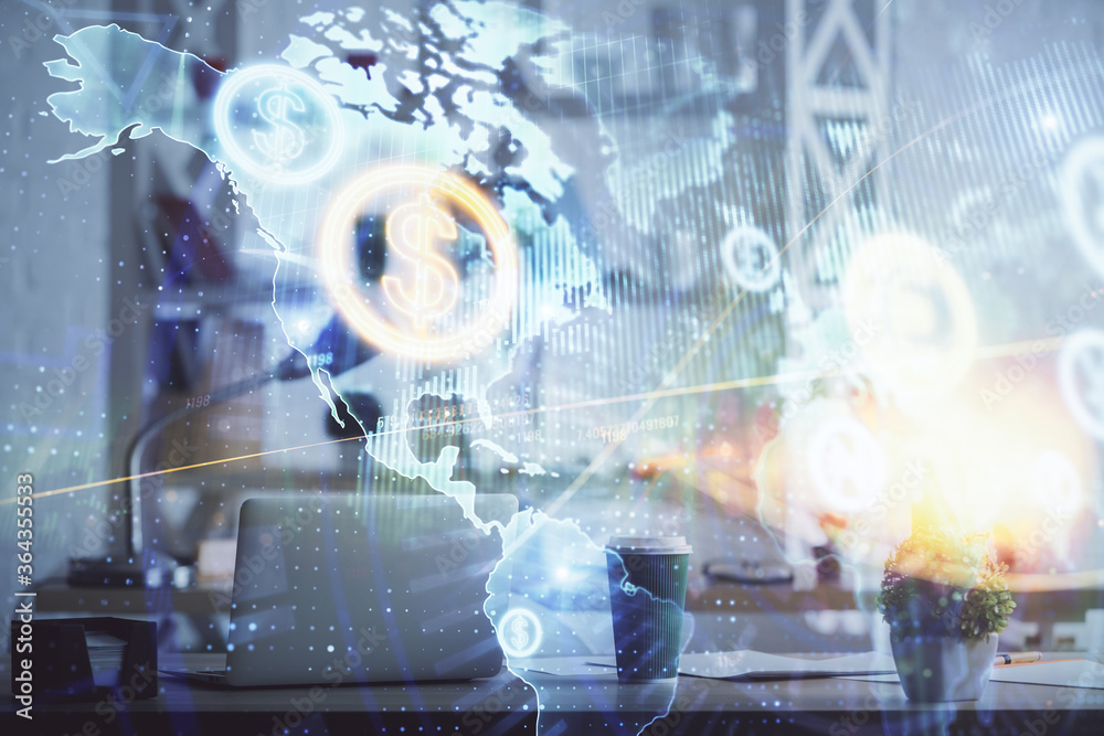 Double exposure of stock market graph drawing and office interior background. Concept of financial analysis. Double exposure of stock market graph drawing and office interior background. Concept of financial analysis.