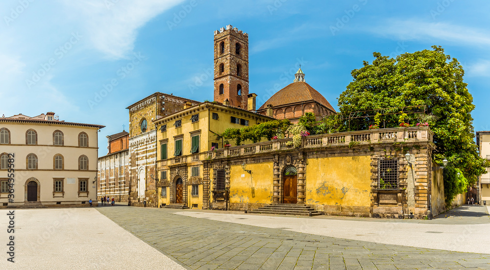 A view across the St Martin Square towards the church of St Martin in Lucca Italy in summer