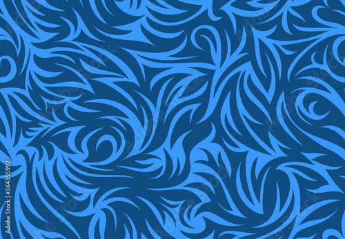 Seamless tattoo floral tribal background. Blue enveloping loop pattern repeatable zembra camouflage maze.