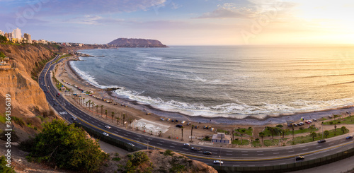 Panoramic landscape of the beach and the highway in Lima, Peru