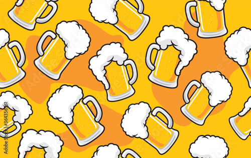 Patterning of draft beer mugs with foam on yellow background. Continuous repeat pattern
