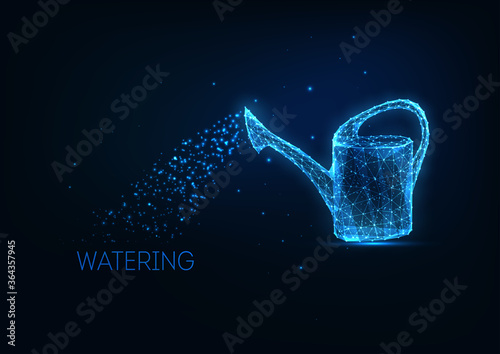 Futuristic glowing low polygonal watering can isolated on dark blue background.