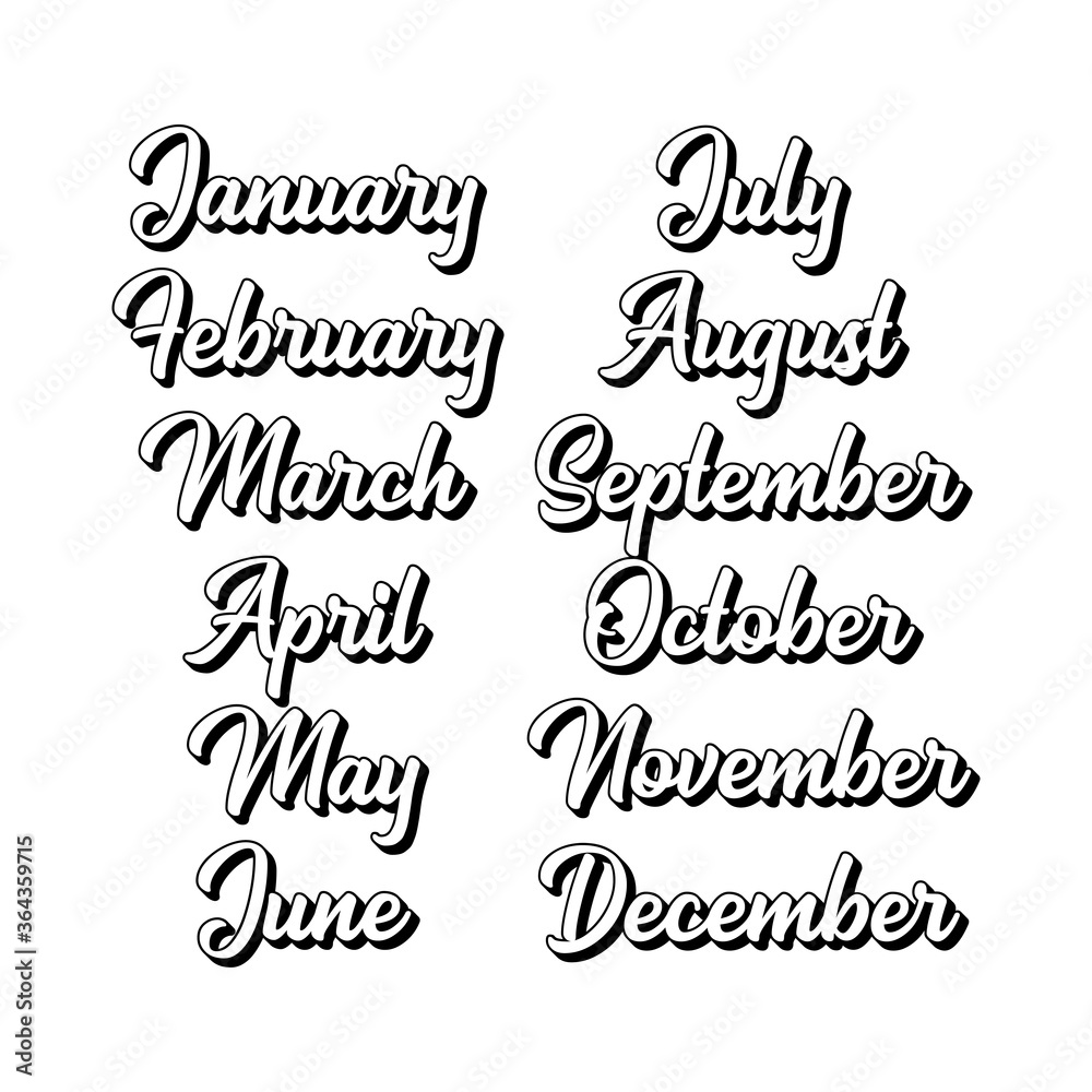 Hand Lettered Months of the Year Set. Calligraphy words January, February, March, April, May, June, July, August, September, October, November, December. Lettering for Calendar, Organizer, Planner Hand Lettered Months of the Year Set. Calligraphy words January, February, March, April, May, June, July, August, September, October, November, December. Lettering for Calendar, Organizer, Planner