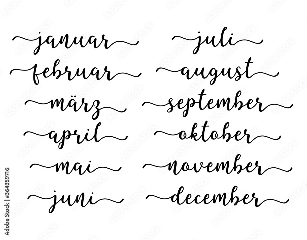 Monatsnamen. Handgeschriebene Wörter Januar, Februar, März, April, Mai, Juni, Juli, August, September, Oktober, November, December. Lettering für Kalender, Oragnizer, Planner