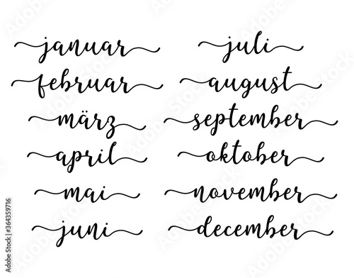 Monatsnamen. Handgeschriebene Wörter Januar, Februar, März, April, Mai, Juni, Juli, August, September, Oktober, November, December. Lettering für Kalender, Oragnizer, Planner