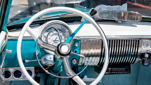 Close up of vintage car dashboard panel.