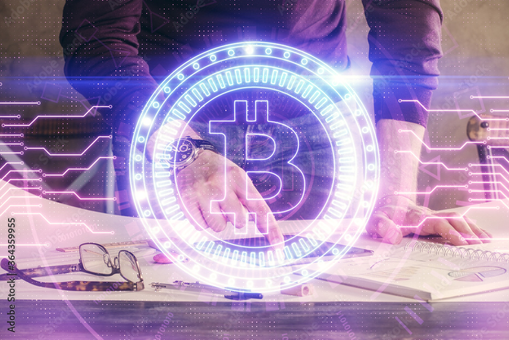 Double exposure of man's hands holding and using a phone and crypto currency blockchain theme drawing. Double exposure of man's hands holding and using a phone and crypto currency blockchain theme drawing.