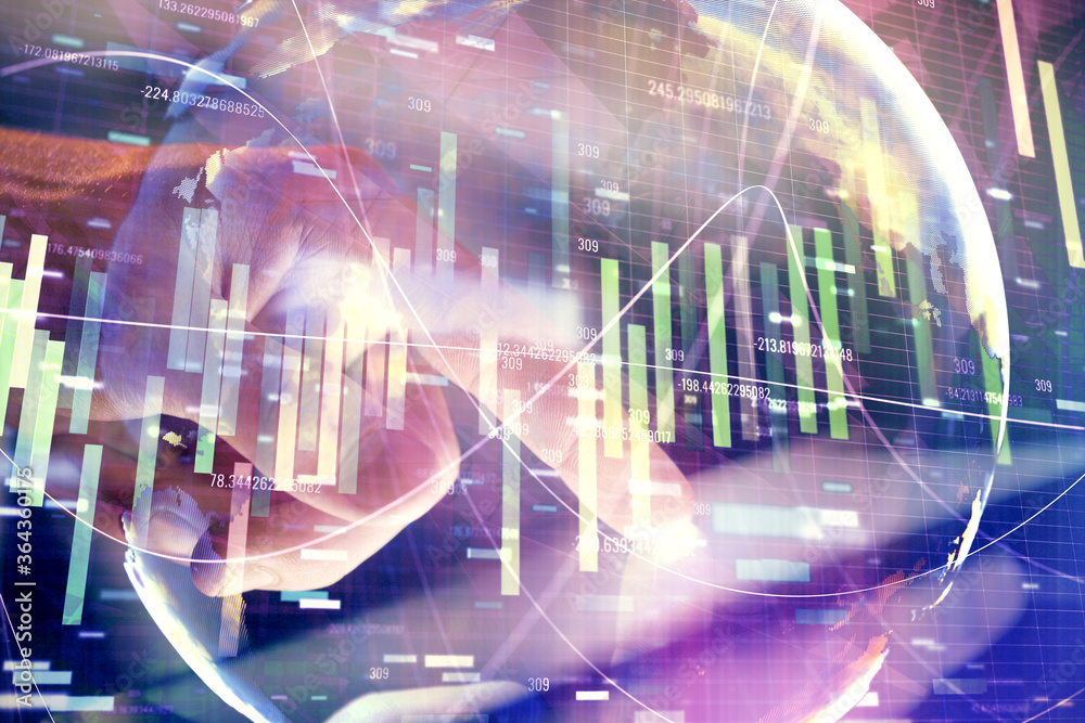 Double exposure of man's hands holding and using a phone and international business theme drawing. Double exposure of man's hands holding and using a phone and international business theme drawing.