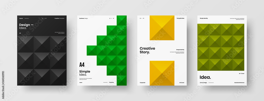 Naklejka premium Company identity brochure template collection. Business presentation vector A4 vertical orientation front page mock up set. Corporate report cover abstract geometric illustration design layout bundle.