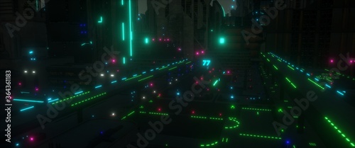 Neon highway in a cybercity. Night scene in a cyberpunk style. Futuristic city. 3D illustration.