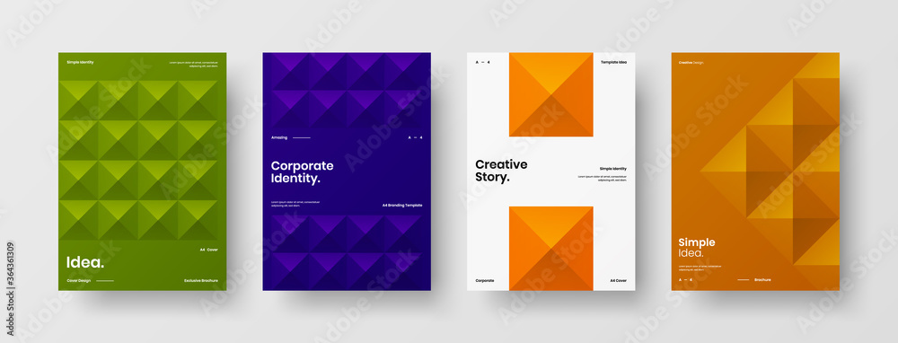 Naklejka premium Company identity brochure template collection. Business presentation vector A4 vertical orientation front page mock up set. Corporate report cover abstract geometric illustration design layout bundle.