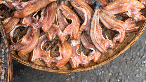 selling seafood in Asian markets. Sea crabs and a variety of fish for sale