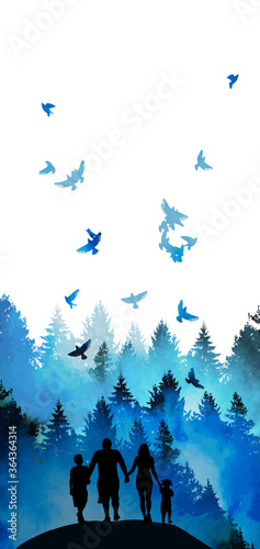 Happy mom dad and kids in the forest. Abstraction Family outdoors. Magical blue trees with birds. Vector illustration