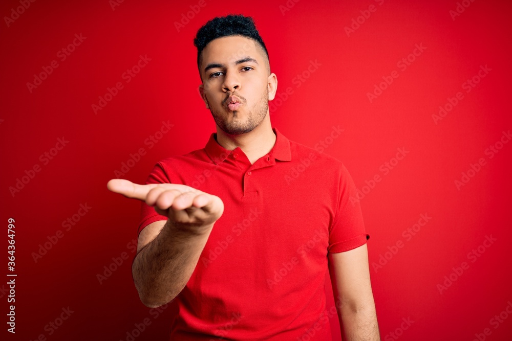 Young handsome man wearing red casual polo standing over isolated background looking at the camera blowing a kiss with hand on air being lovely and sexy. Love expression. Young handsome man wearing red casual polo standing over isolated background looking at the camera blowing a kiss with hand on air being lovely and sexy. Love expression.