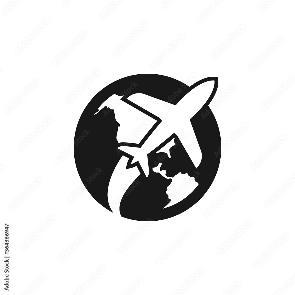 Earth and plane travel icon vector.