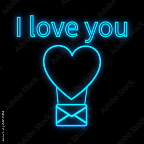 Bright luminous blue festive digital neon sign for a shop or workshop service center beautiful shiny with a love envelope in a heart-shaped balloon on a black background. Vector illustration