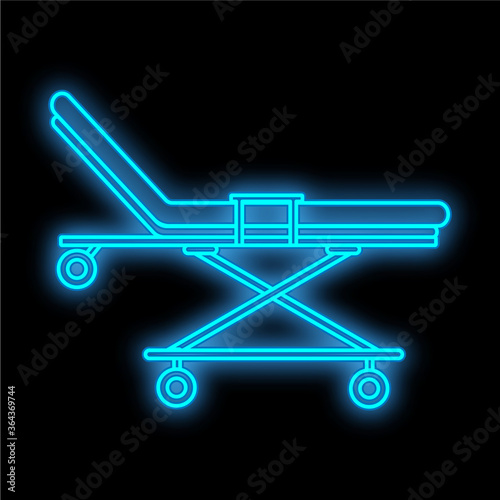 Bright luminous blue medical digital neon sign for a pharmacy or hospital store beautiful shiny with a gurney and a hospital bed on a black background. Vector illustration