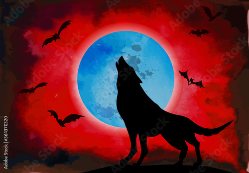 Wolf howls at the moon. Happy Halloween. Vector illustration