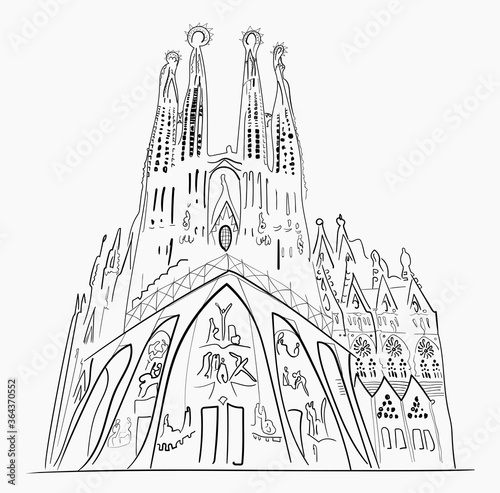 Barcelona Sagrada Familia illustration. Outline hand drawn sketch