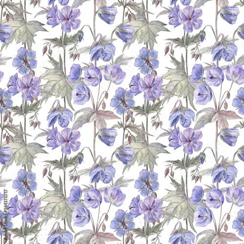 Detailed seamless pattern with meadow geranium on a white background. Beauty of nature expressed in weave of delicate leaves and gentle flowers. Watercolor hand drawn elegant illustration. © FlowersForBear