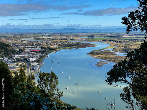 View of Whakatane town from Puketapu Lookout at Whakatane town in Bay of Plenty, New Zealand photo