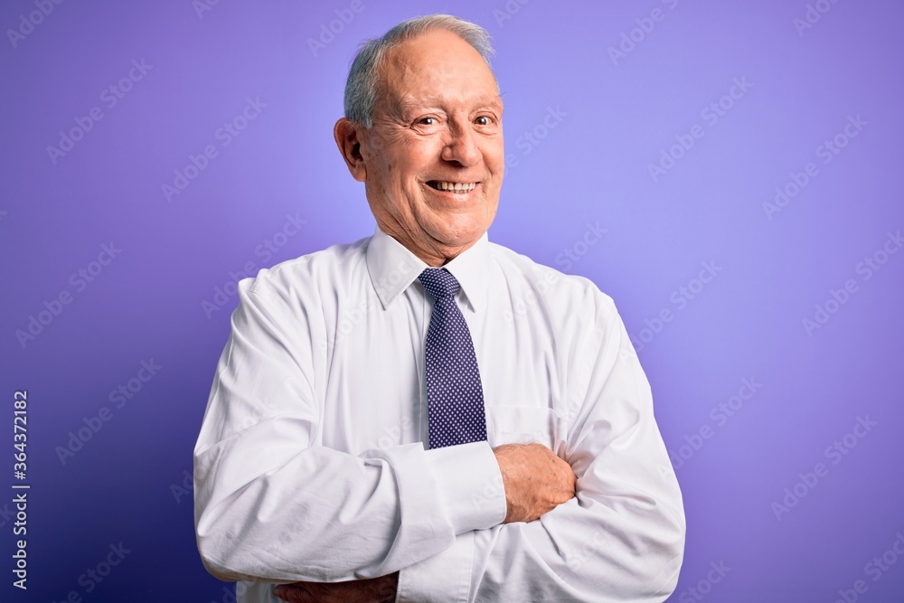 Grey haired senior business elegant man standing over purple isolated background happy face smiling with crossed arms looking at the camera. Positive person. Grey haired senior business elegant man standing over purple isolated background happy face smiling with crossed arms looking at the camera. Positive person.